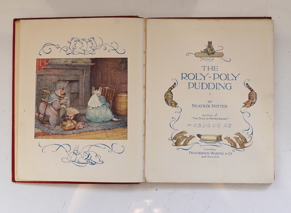 Potter, Beatrix - The Roly-Poly Pudding. 1st edition (?third printing). coloured pictorial title (printed in blue), frontis. and 17 full page coloured illus., num. text illus.; white ruled and lettered maroon cloth, gilt